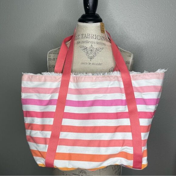 Victoria’s Secret Large Striped Lined Canvas Beach Tote Pink Orange White Gold - Picture 5 of 12